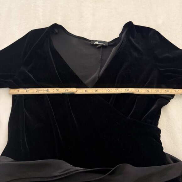 AB Studio Black Velvet Midi Dress Size L Satin Sash 3/4 Sleeve V-Neck Holiday - Picture 9 of 12